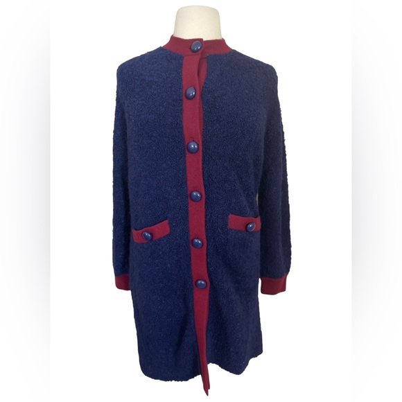 J. Crew wine contrast trim navy longline boucle Sherpa midi cardigan duster - Picture 2 of 7